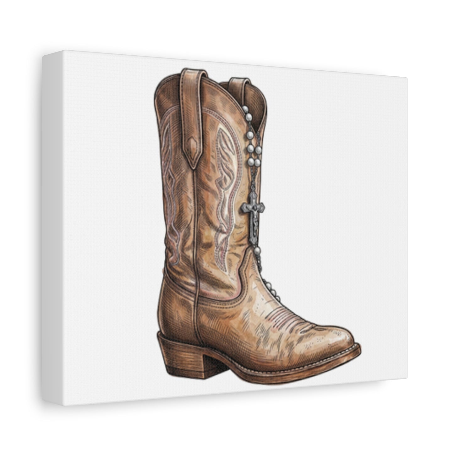 Rosary Cowboy Boot Wall Art — Western Boot Illustration Matte Stretched Canvas