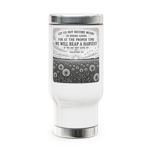 "Dandelion" 14oz Stainless Travel Mug with Cross "1st Witness" – Christian Faith Coffee Tumbler