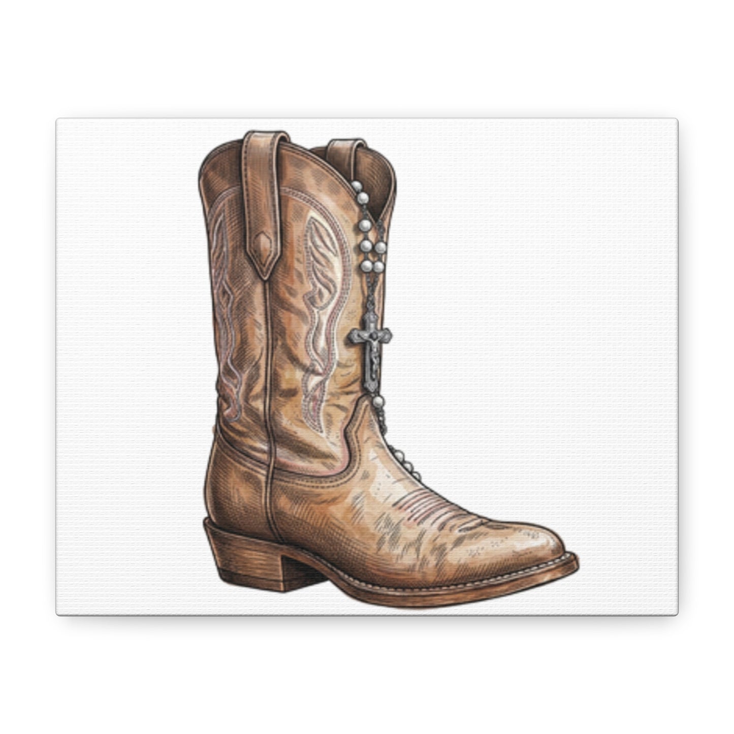 Rosary Cowboy Boot Wall Art — Western Boot Illustration Matte Stretched Canvas