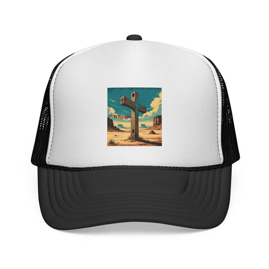 Desert Road Trucker Cap — Retro Western Signpost Graphic