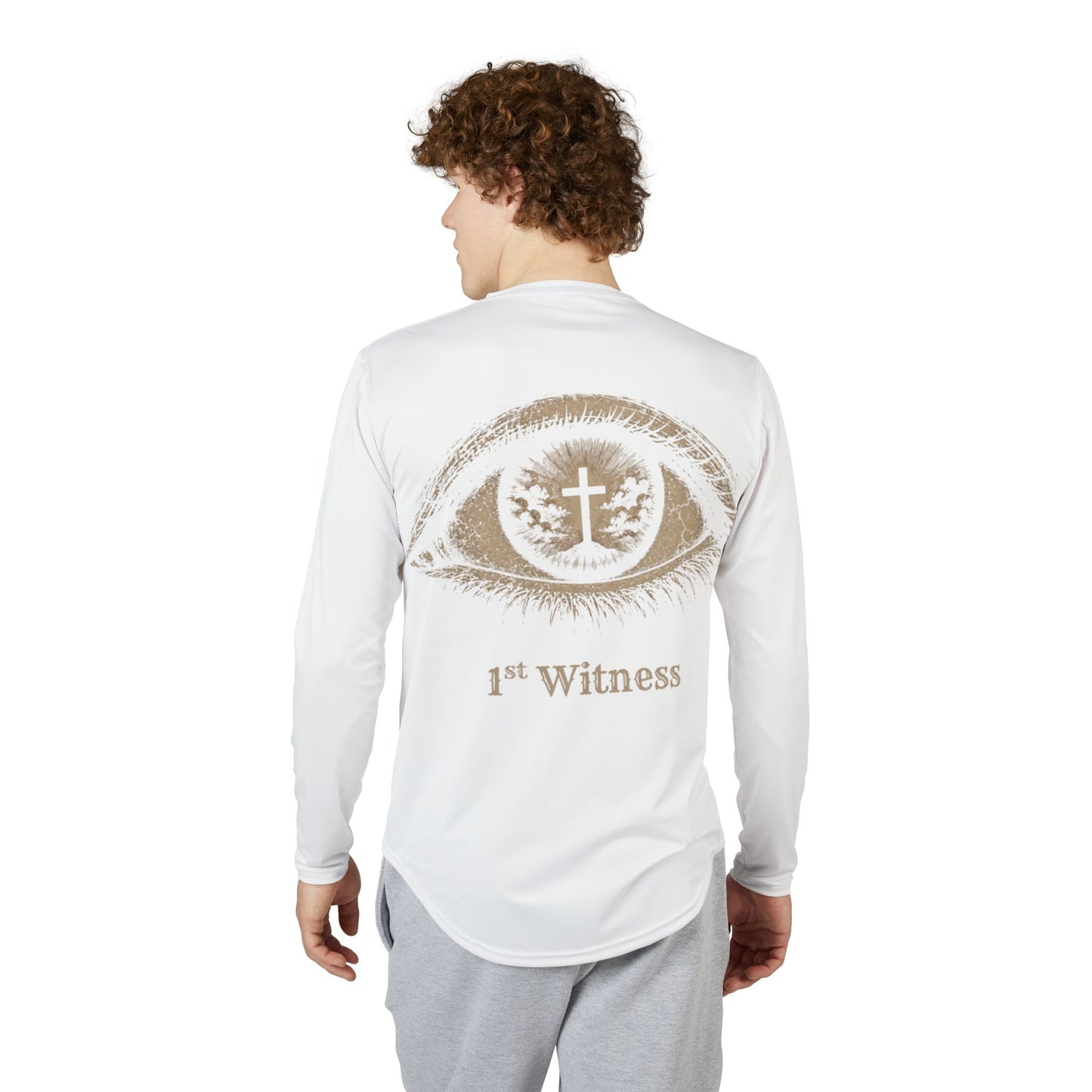 Men's Witness UV Long Sleeve Shirt — '1st Witness' Cross Eye Back Graphic